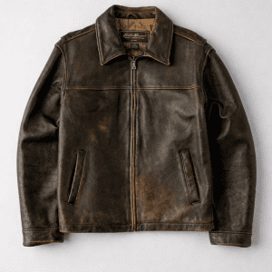 Chaqueta de piel vintage marrón envejecido vista frontal